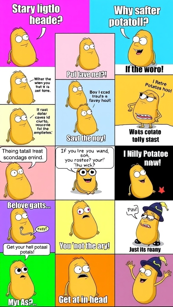 A colorful collage of amusing potato memes with funny captions and playful potato characters.